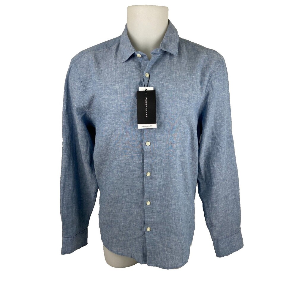 Perry Ellis Men XL Dress Shirt Linen Blend Coronet Blue Long Sleeve Casual